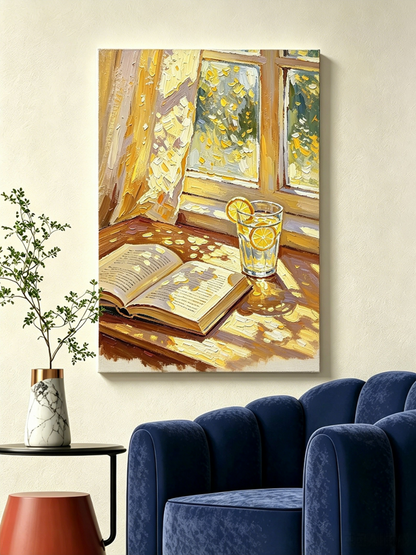 Goldenes Fensterlicht mit Buch und Zitronenwasser- Malen nach Zahlen