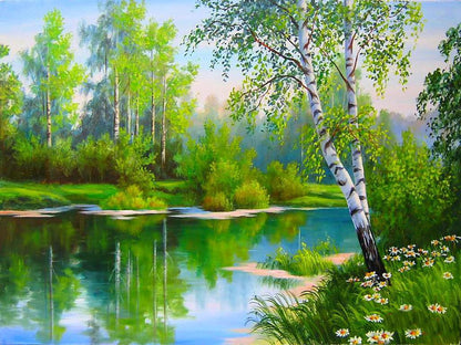 Birken am ruhigen See - Diamond Painting
