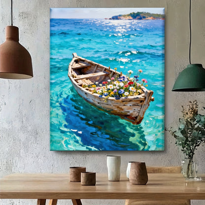 Blumenboot treibt auf den Wellen