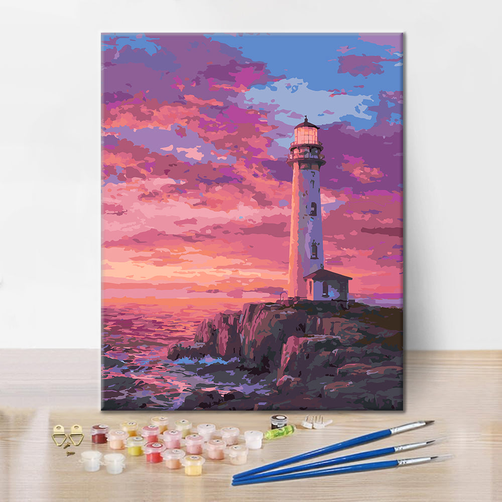 Leuchtturm am Meer bei Sonnenuntergang – Malen nach Zahlen