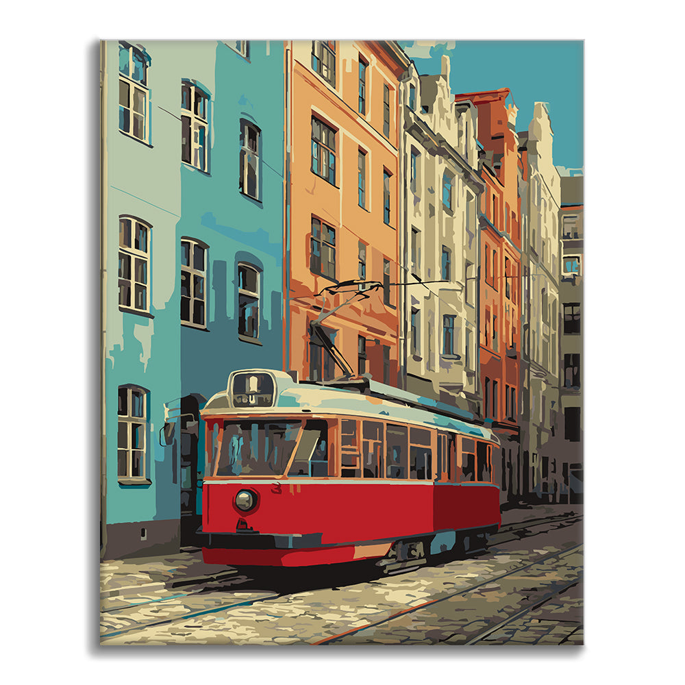 Vintage-Straßenbahn in Rot – Malen nach Zahlen
