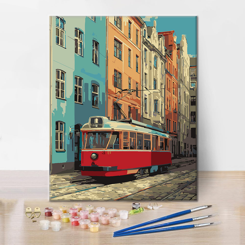 Vintage-Straßenbahn in Rot – Malen nach Zahlen