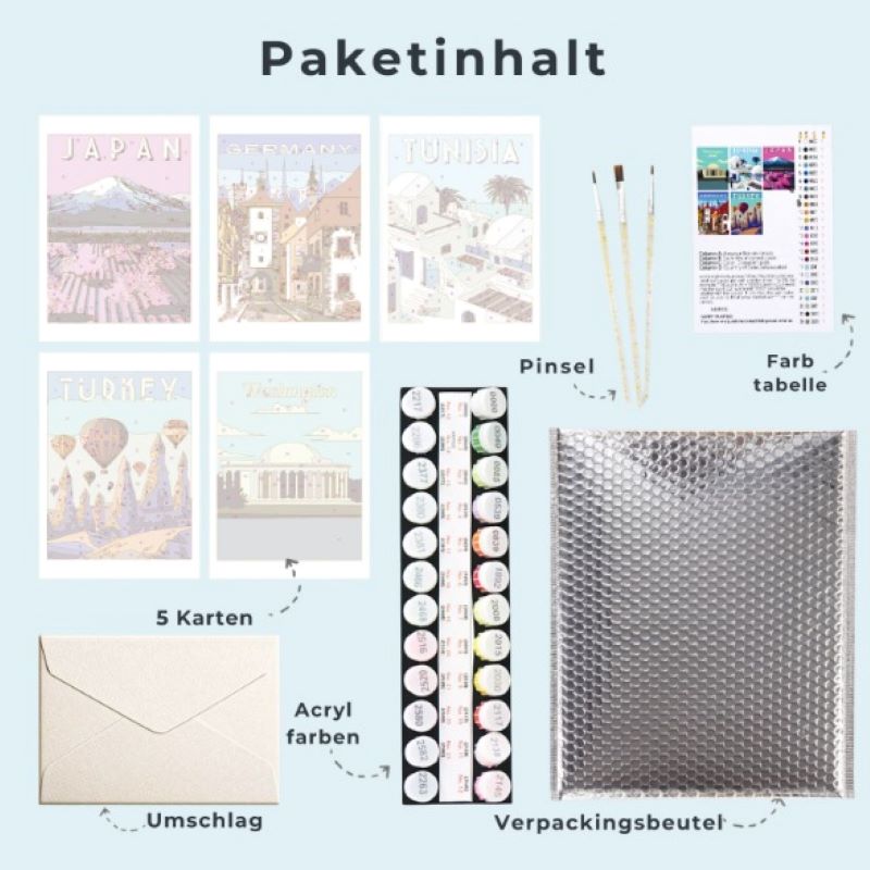 Malen nach Zahlen - 5 Postkarten –  Weltreise Set