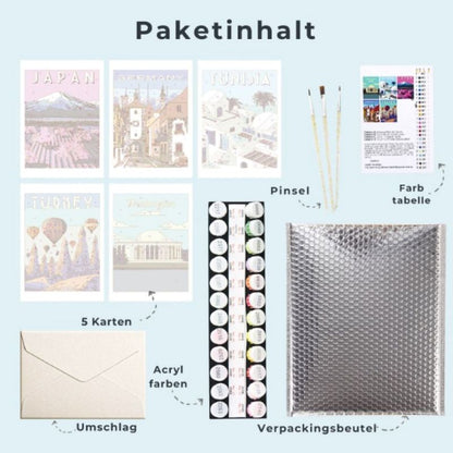 Malen nach Zahlen - 5 Postkarten –  Weltreise Set