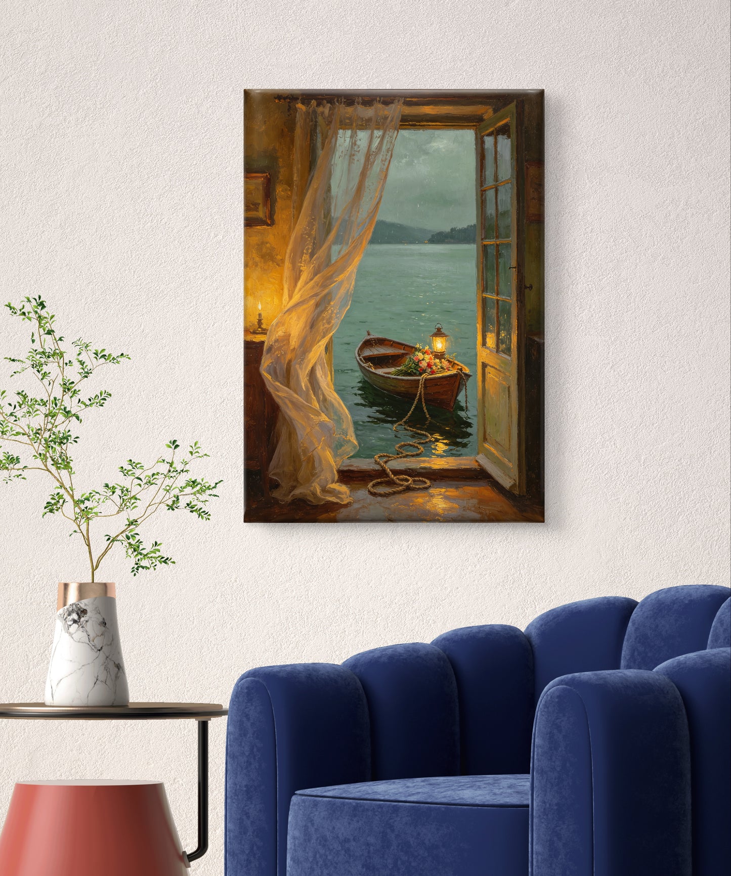 Fensterblick auf den See mit Boot bei Abendlicht - Malen nach Zahlen