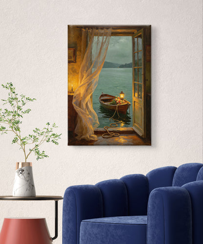 Fensterblick auf den See mit Boot bei Abendlicht - Malen nach Zahlen