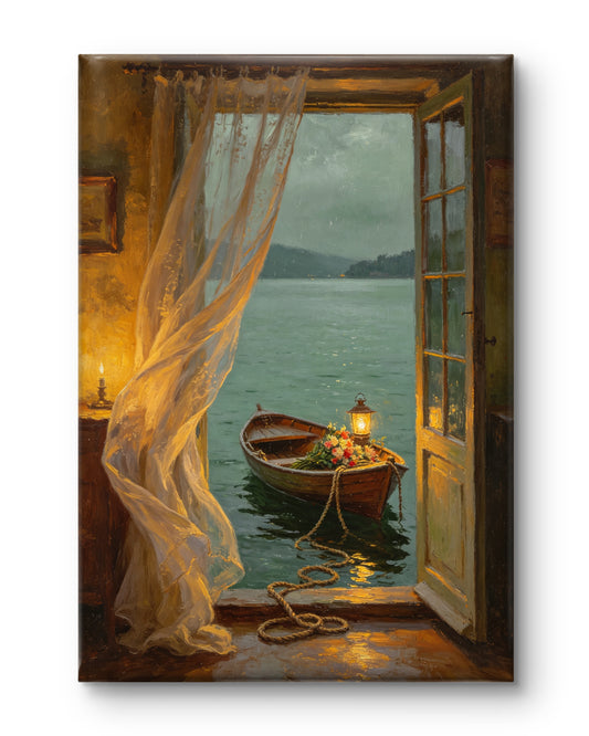 Fensterblick auf den See mit Boot bei Abendlicht - Malen nach Zahlen