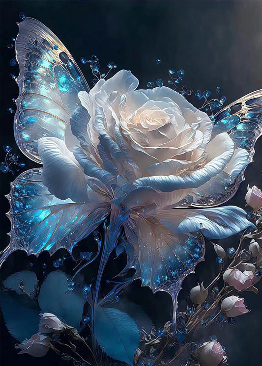 Glas-Schmetterling auf weißer Rose - Diamond Painting