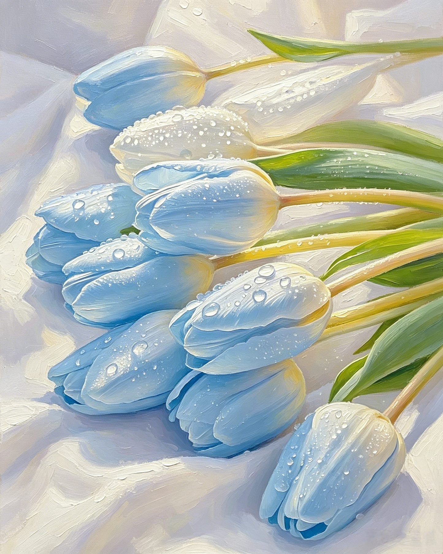 Hellblaue Tulpen mit Tautropfen- Malen nach Zahlen