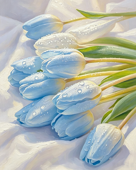 Hellblaue Tulpen mit Tautropfen- Malen nach Zahlen
