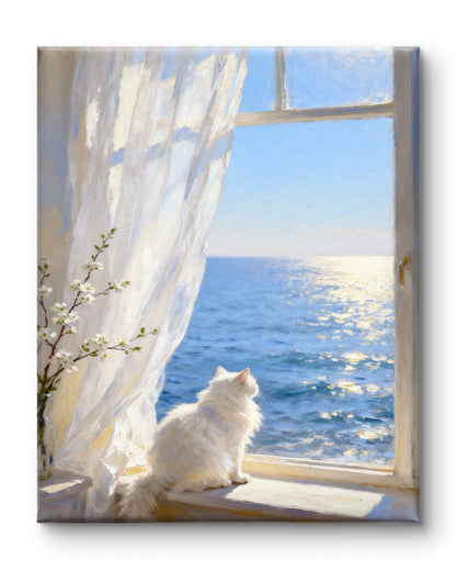 Katze am Fenster mit Blick aufs Meer