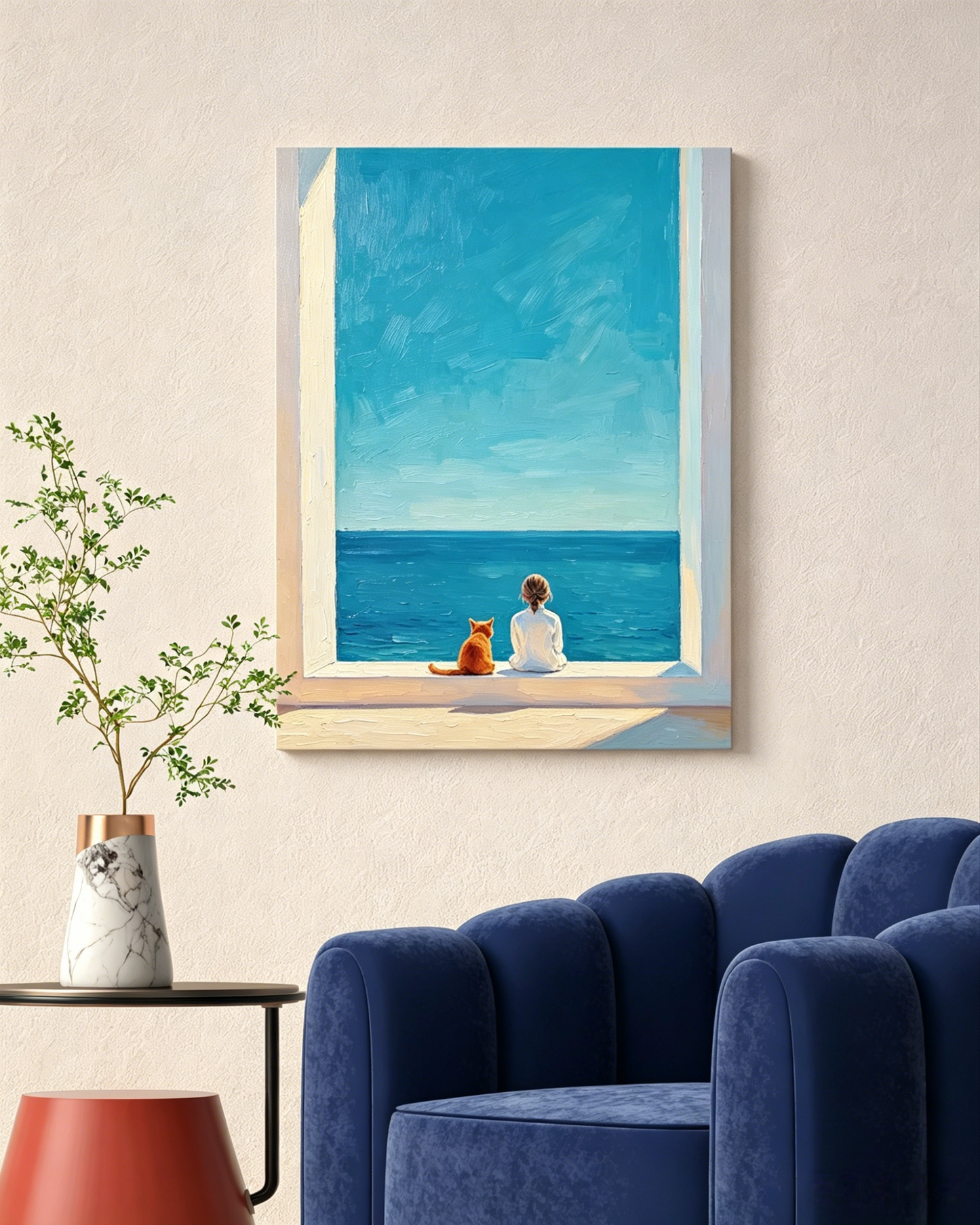 Mädchen und Kater blicken auf das Meer- Malen nach Zahlen