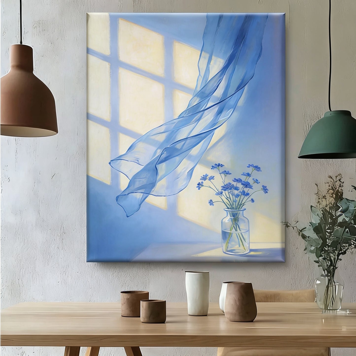 Morgenlicht und blauer Vorhang