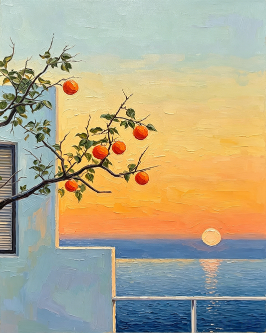Orangenbaum am Sonnenuntergang über dem Meer - Malen nach Zahlen