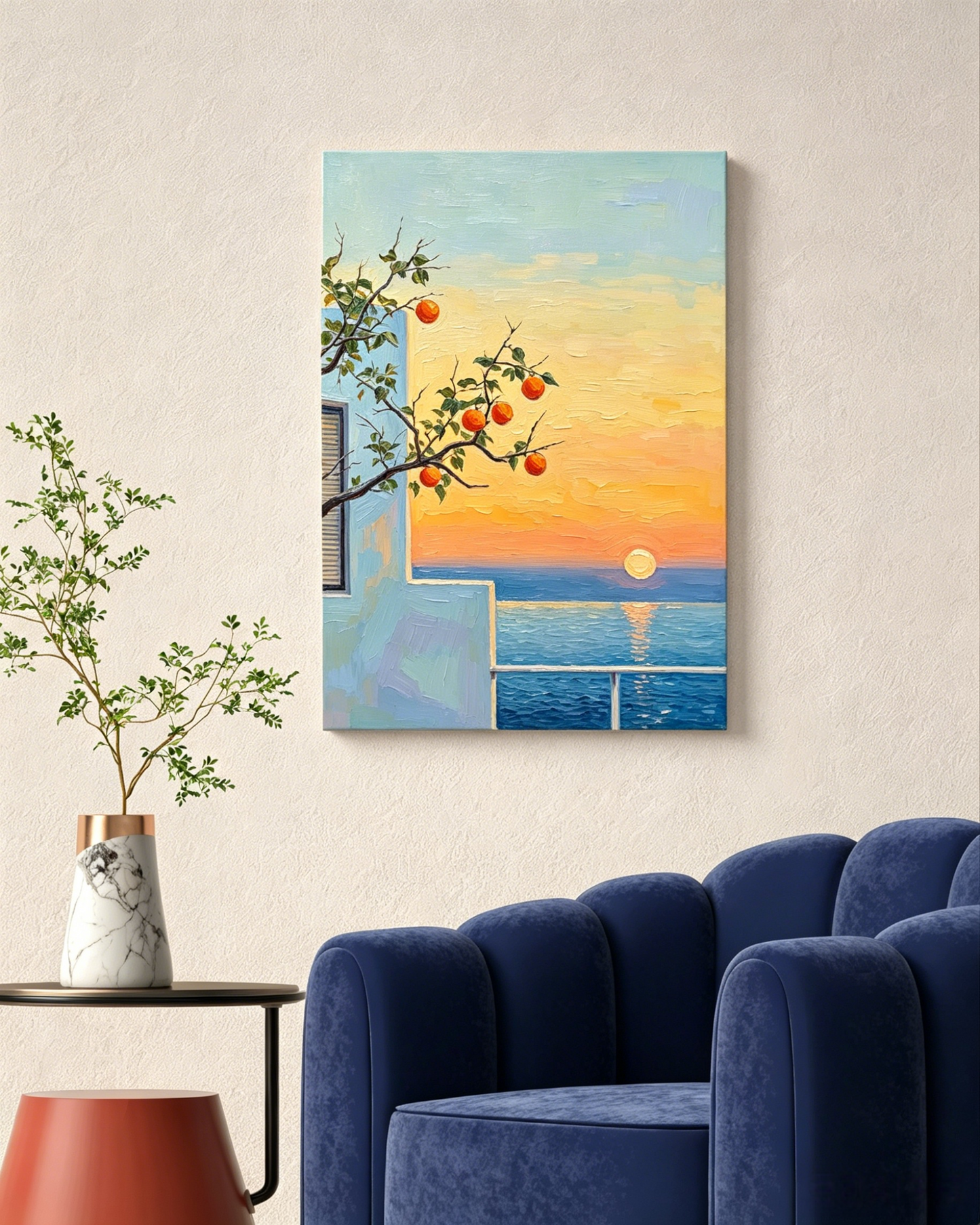 Orangenbaum am Sonnenuntergang über dem Meer - Malen nach Zahlen