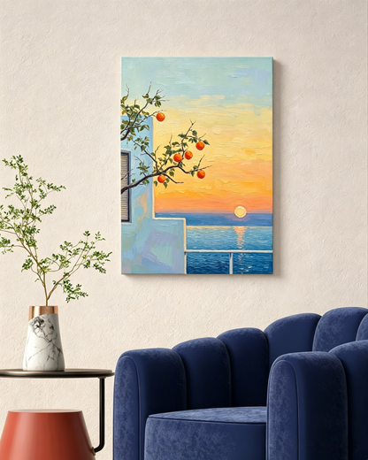 Orangenbaum am Sonnenuntergang über dem Meer - Malen nach Zahlen