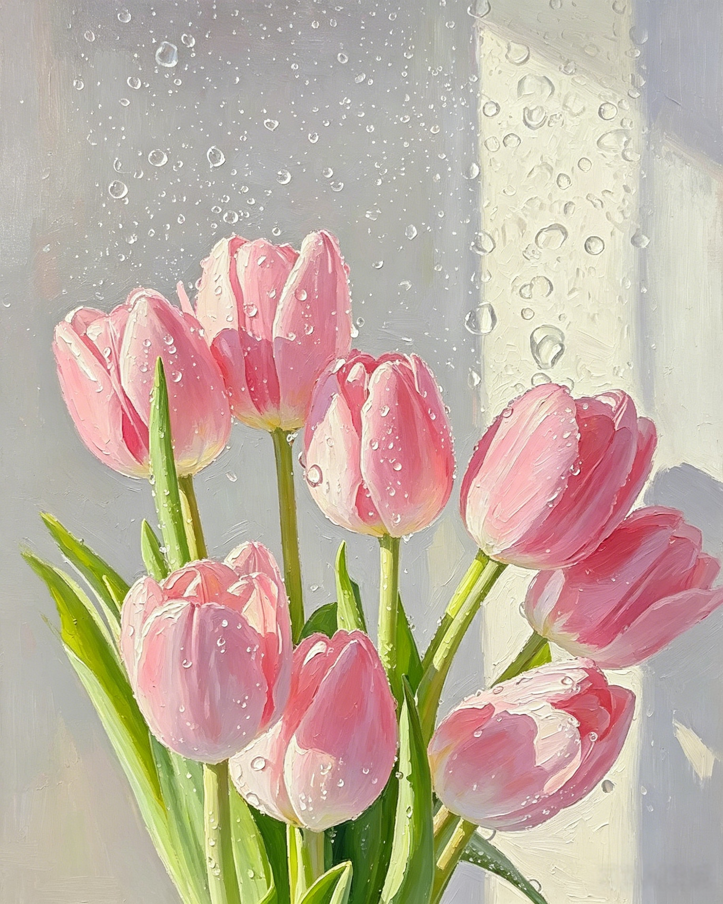 Rosa Tulpen am Fenster- Malen nach Zahlen
