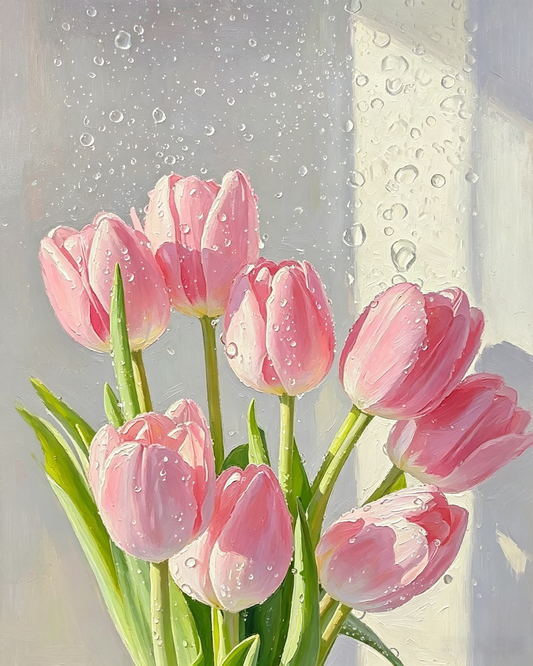 Rosa Tulpen am Fenster- Malen nach Zahlen