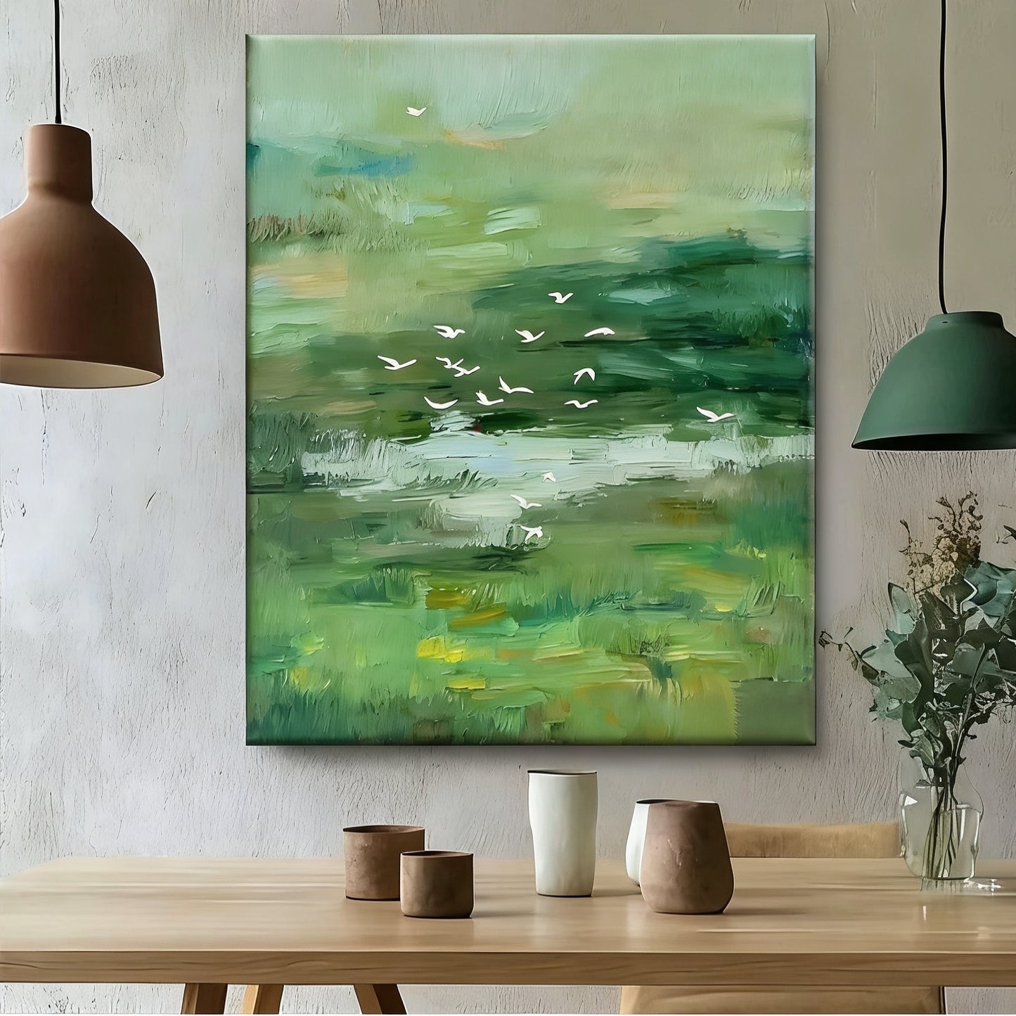 Vögel über der grünen Wiese
