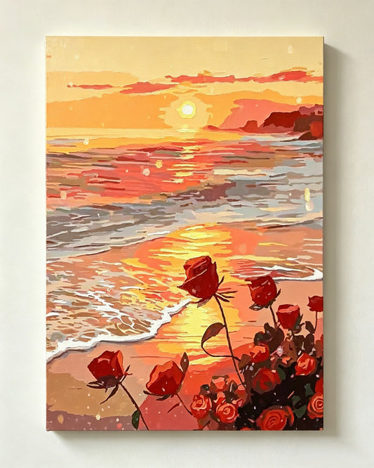 Meeres-Sonnenuntergang mit scharlachroten Rosen - Malen nach Zahlen