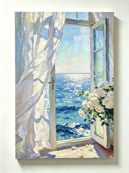 Fensterblick auf das blaue Meer mit weißen Rosen- Malen nach Zahlen