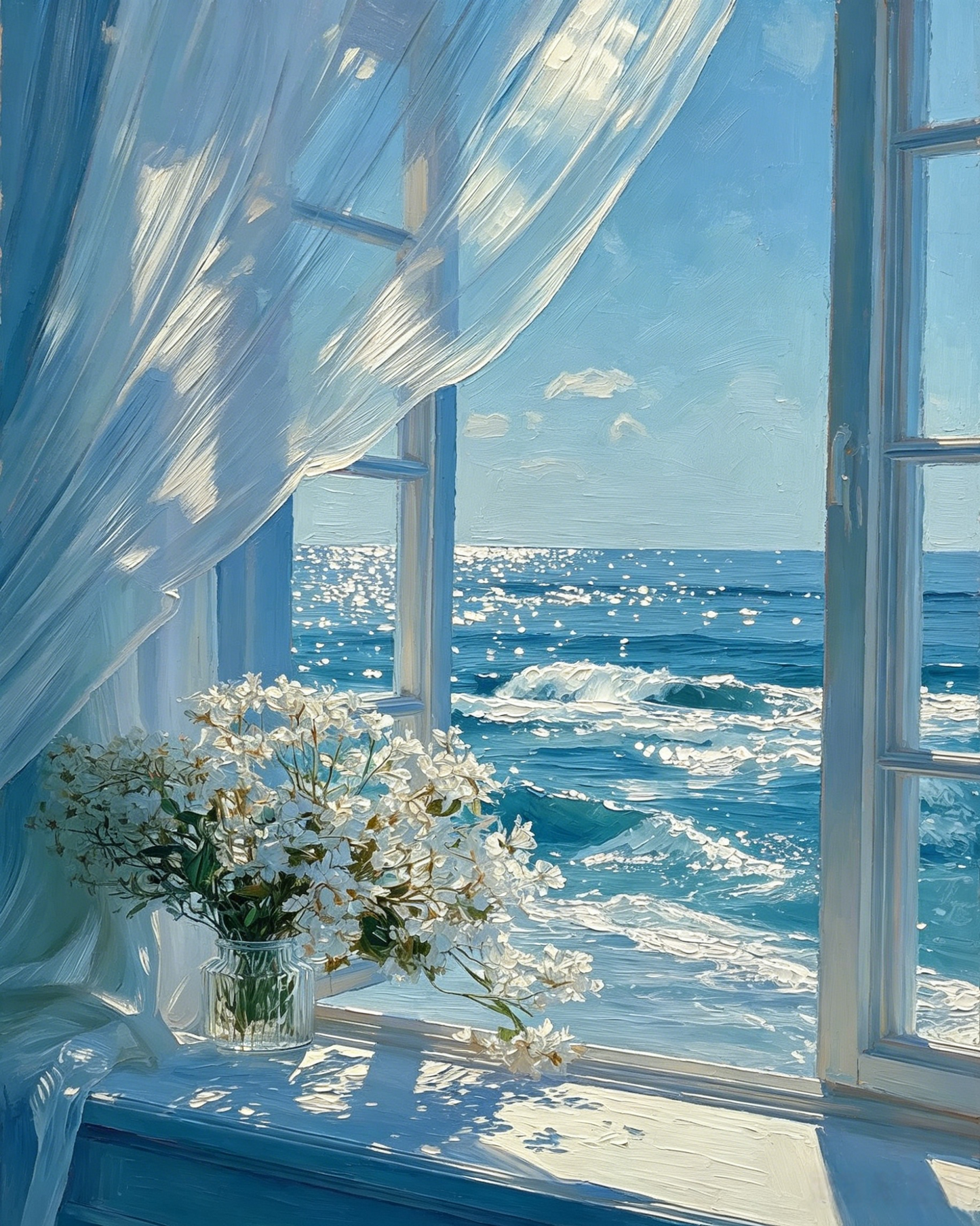 Weiße Blumen am Fenster mit Meeresblick - Malen nach Zahlen
