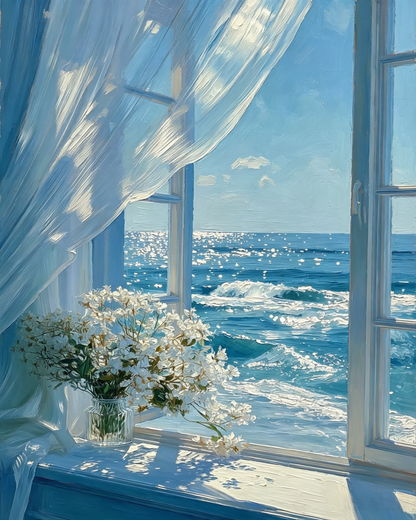 Weiße Blumen am Fenster mit Meeresblick - Malen nach Zahlen