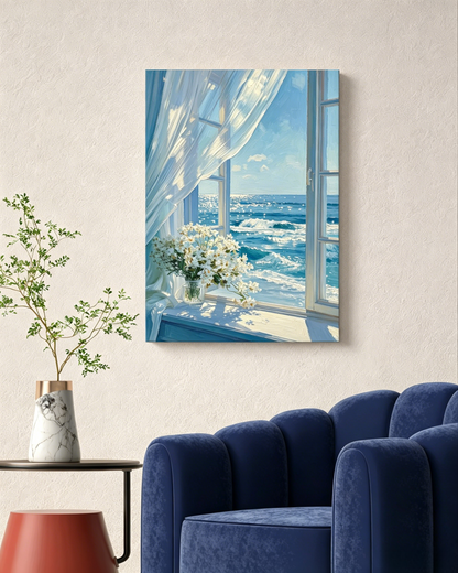 Weiße Blumen am Fenster mit Meeresblick - Malen nach Zahlen