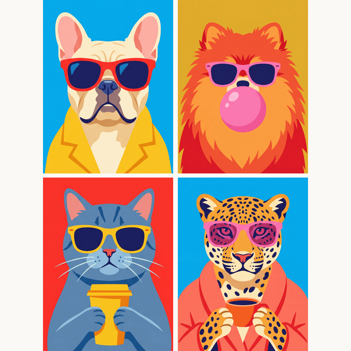 Pop-Art-Tierwelt – 4er Mini-Set | Malen nach Zahlen