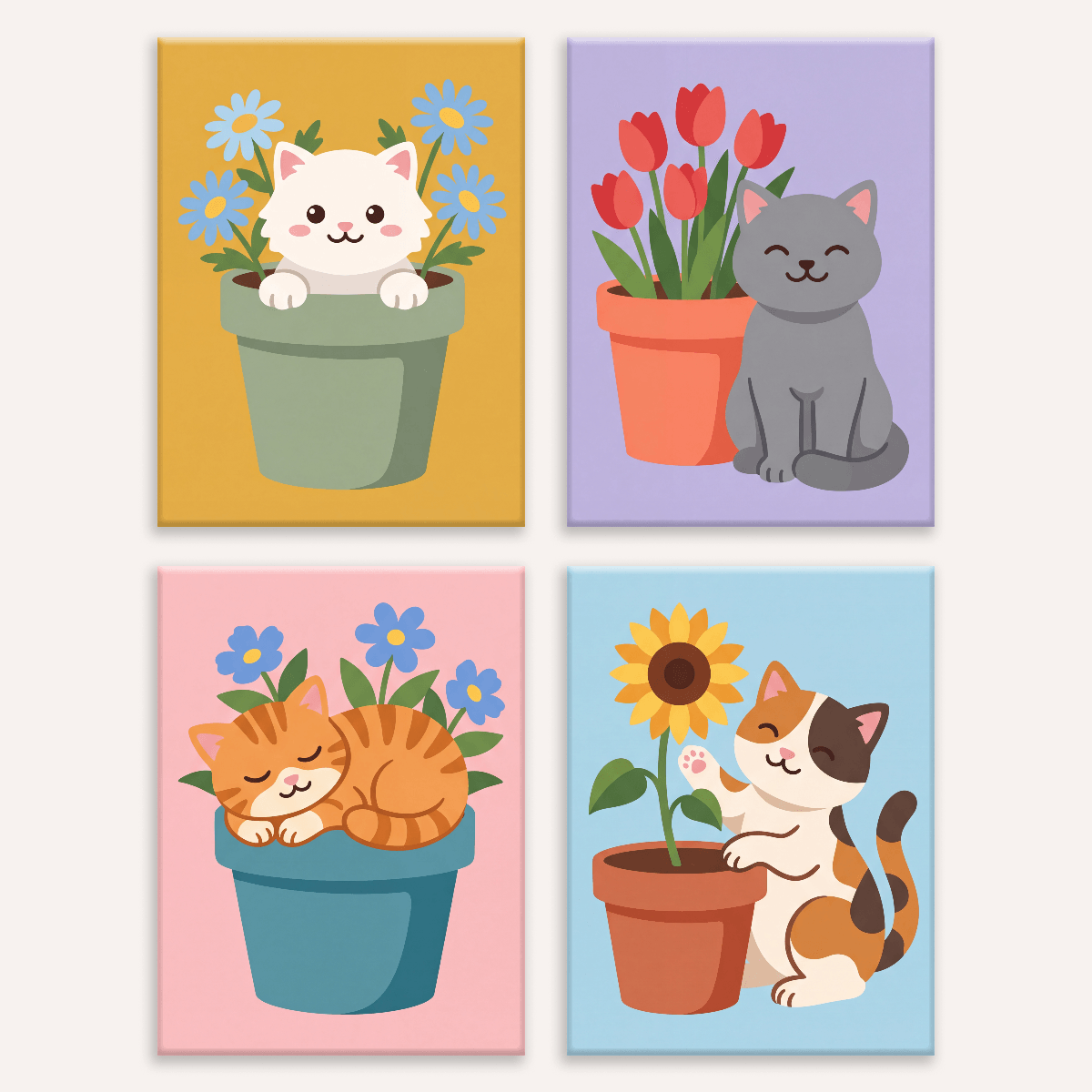 Kätzchen im Garten – 4er Mini-Set | Malen nach Zahlen