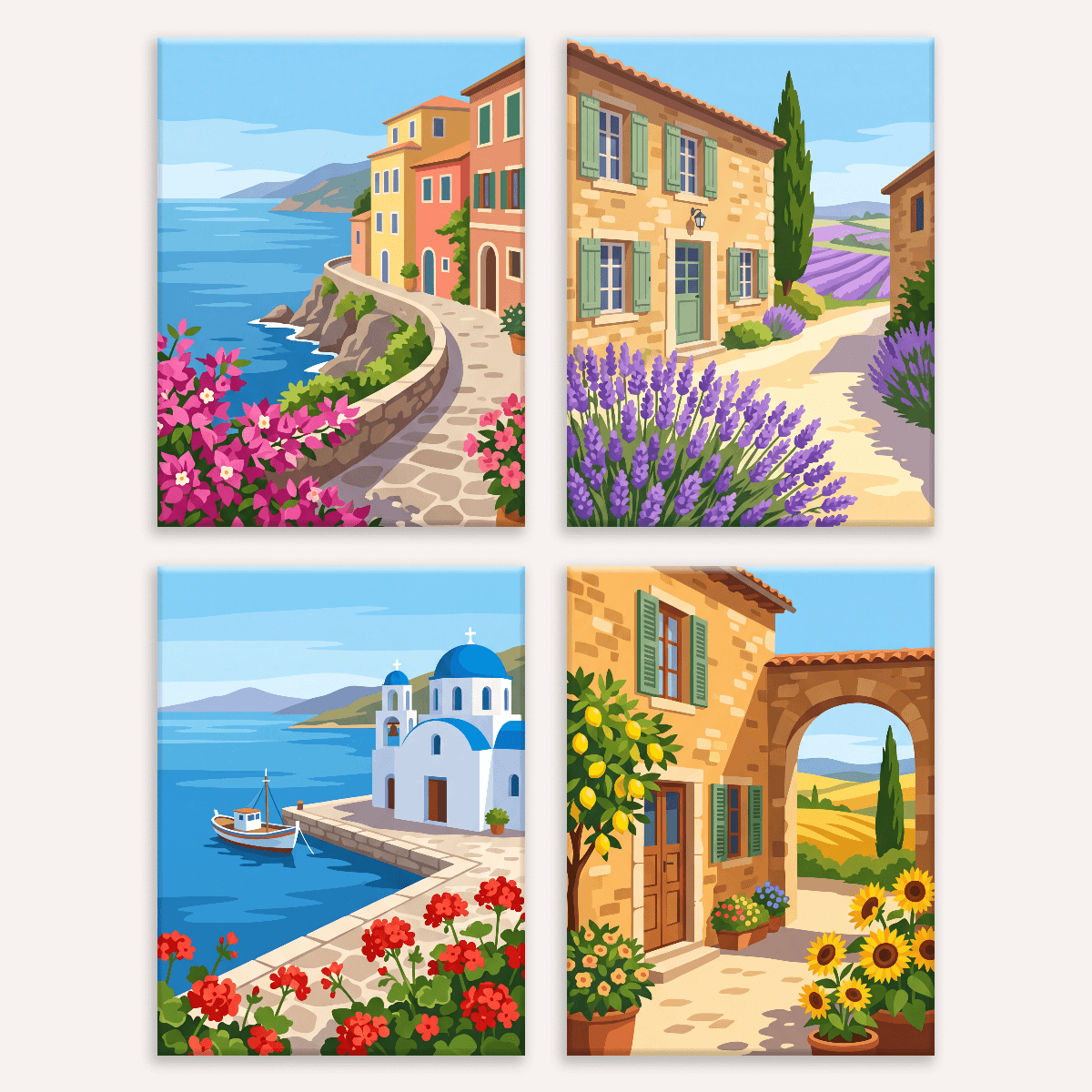 Mittelmeerküste – 4er Mini-Set | Malen nach Zahlen