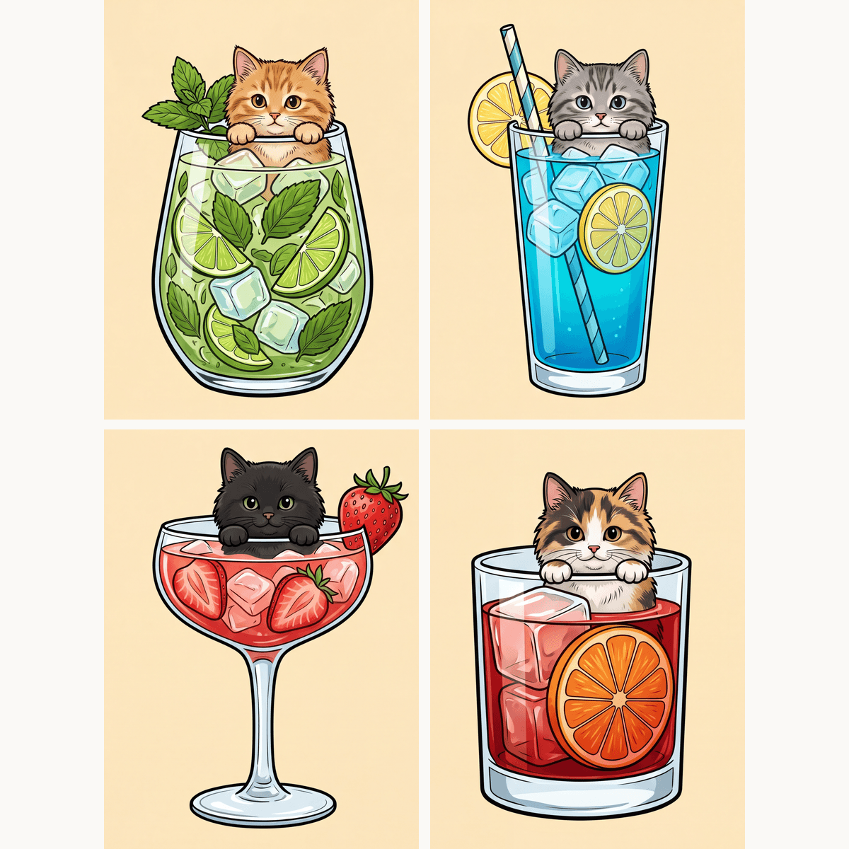 Cocktail-Kätzchen – 4er Mini-Set | Malen nach Zahlen