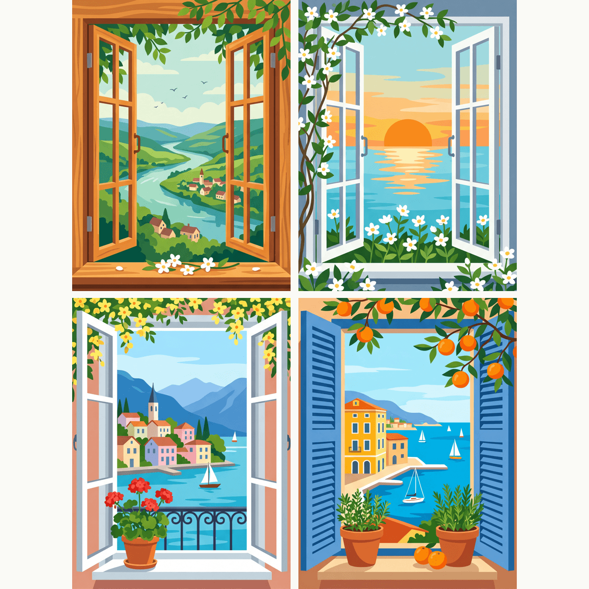 Fensterblicke Teil 2 – 4er Mini-Set | Malen nach Zahlen