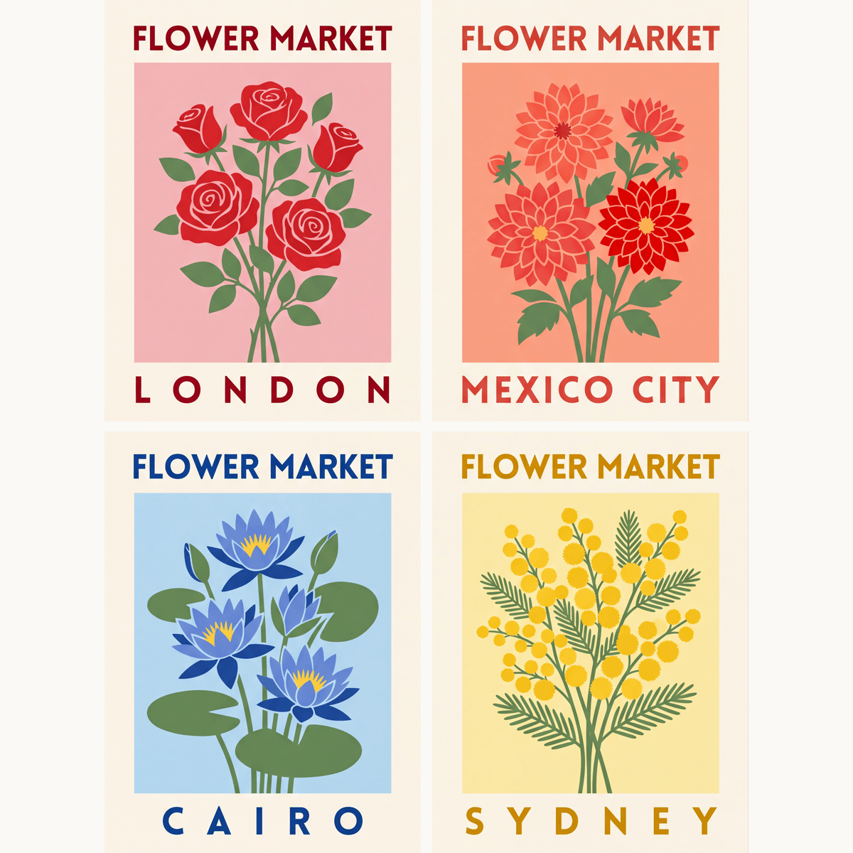 Blumenmarkt-Reise – 4er Mini-Set | Malen nach Zahlen
