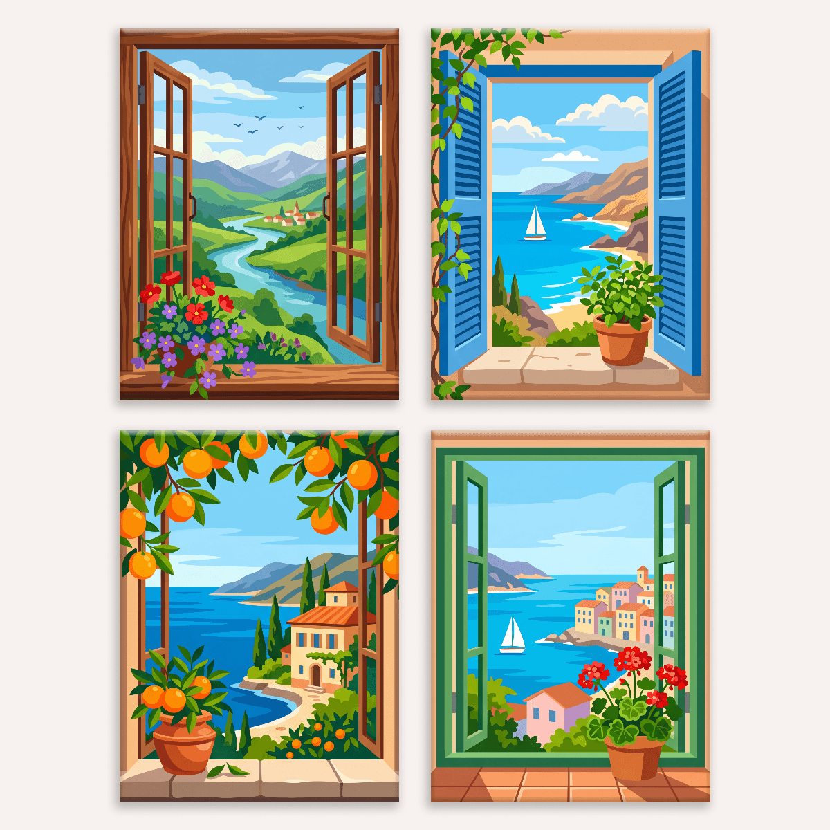 Fensterblicke Teil 1 – 4er Mini-Set | Malen nach Zahlen