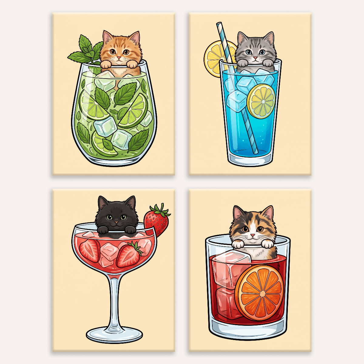 Cocktail-Kätzchen – 4er Mini-Set | Malen nach Zahlen