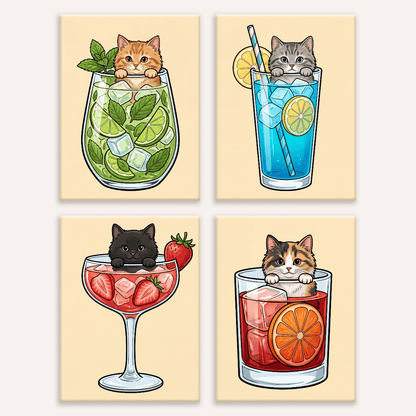 Cocktail-Kätzchen – 4er Mini-Set | Malen nach Zahlen