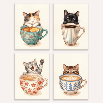 Kätzchen in der Kaffeetasse – 4er Mini-Set | Malen nach Zahlen
