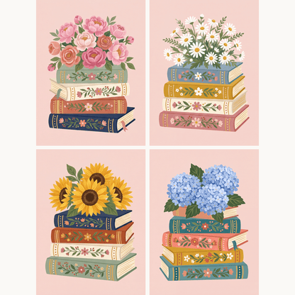 Bücherregal-Bouquet – 4er Mini-Set | Malen nach Zahlen