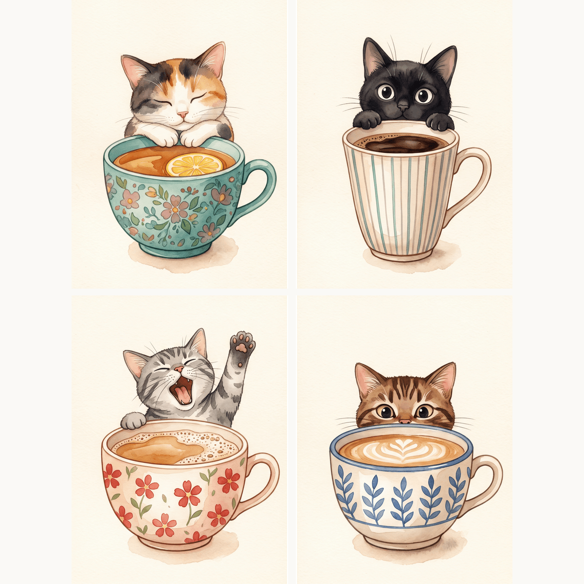 Kätzchen in der Kaffeetasse – 4er Mini-Set | Malen nach Zahlen