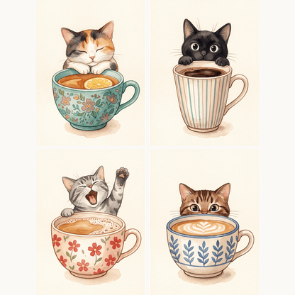 Kätzchen in der Kaffeetasse – 4er Mini-Set | Malen nach Zahlen