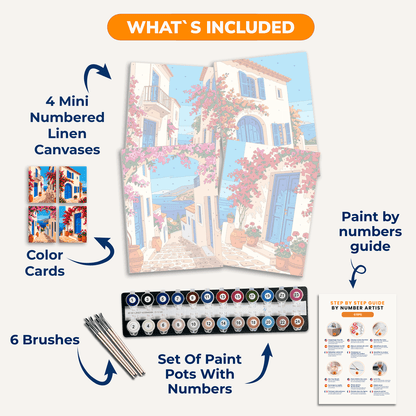 Gassen von Santorini – 4er Mini-Set | Malen nach Zahlen