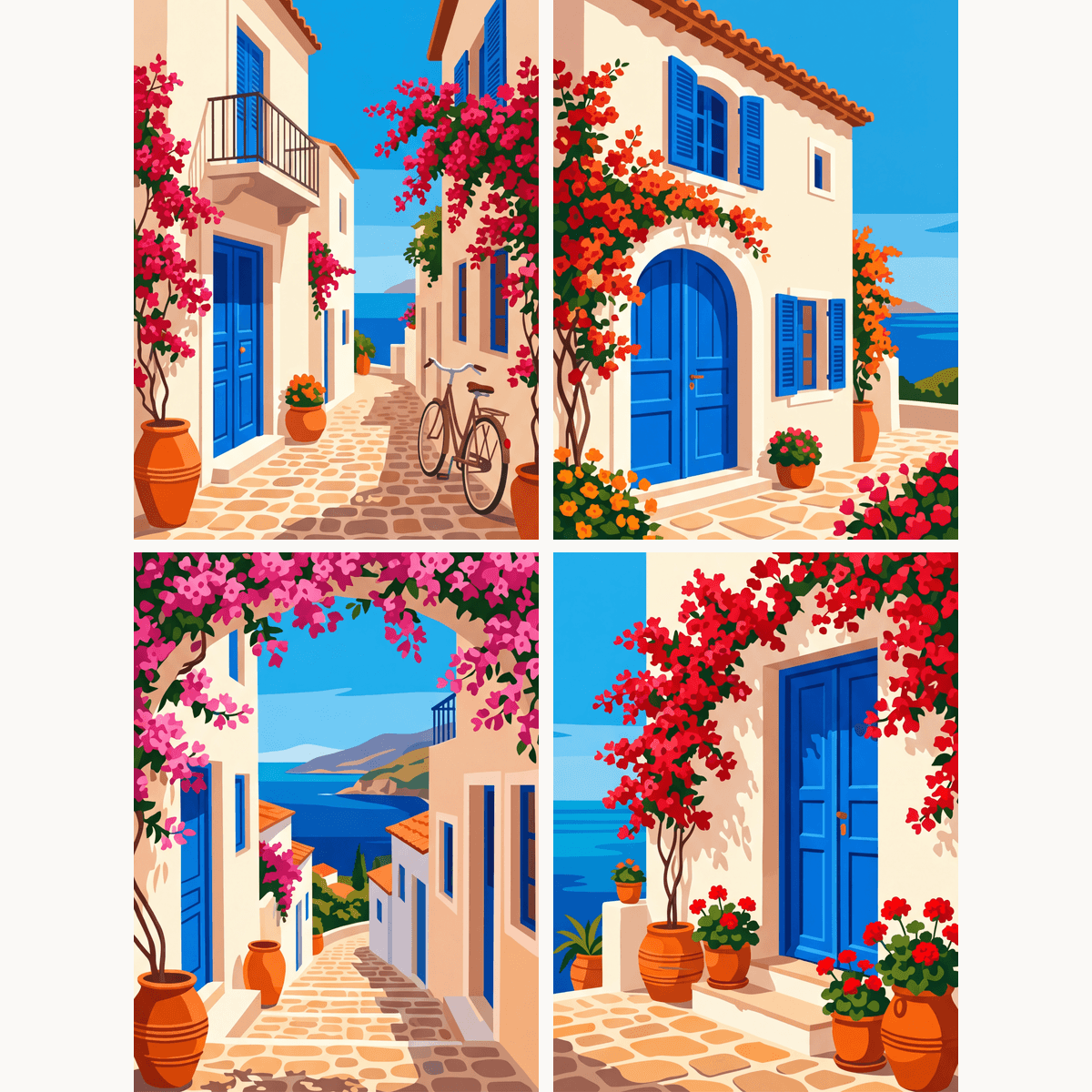 Gassen von Santorini – 4er Mini-Set | Malen nach Zahlen