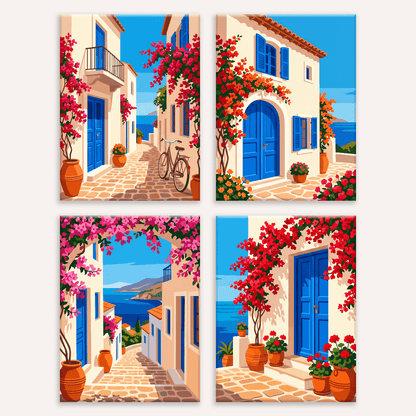 Gassen von Santorini – 4er Mini-Set | Malen nach Zahlen