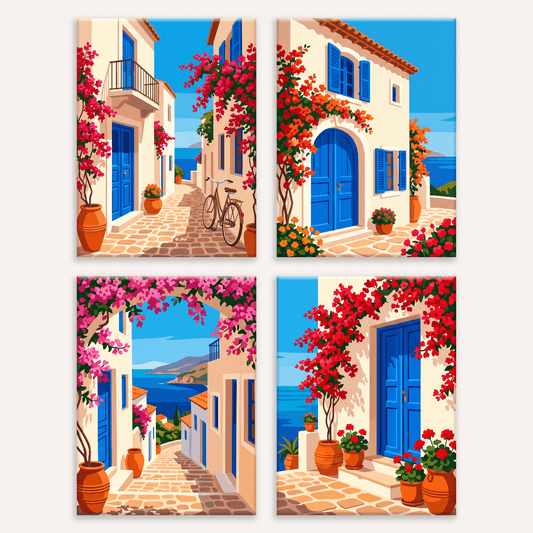 Gassen von Santorini – 4er Mini-Set | Malen nach Zahlen