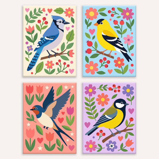 Volkskunst-Singvögel Teil 2 – 4er Mini-Set | Malen nach Zahlen
