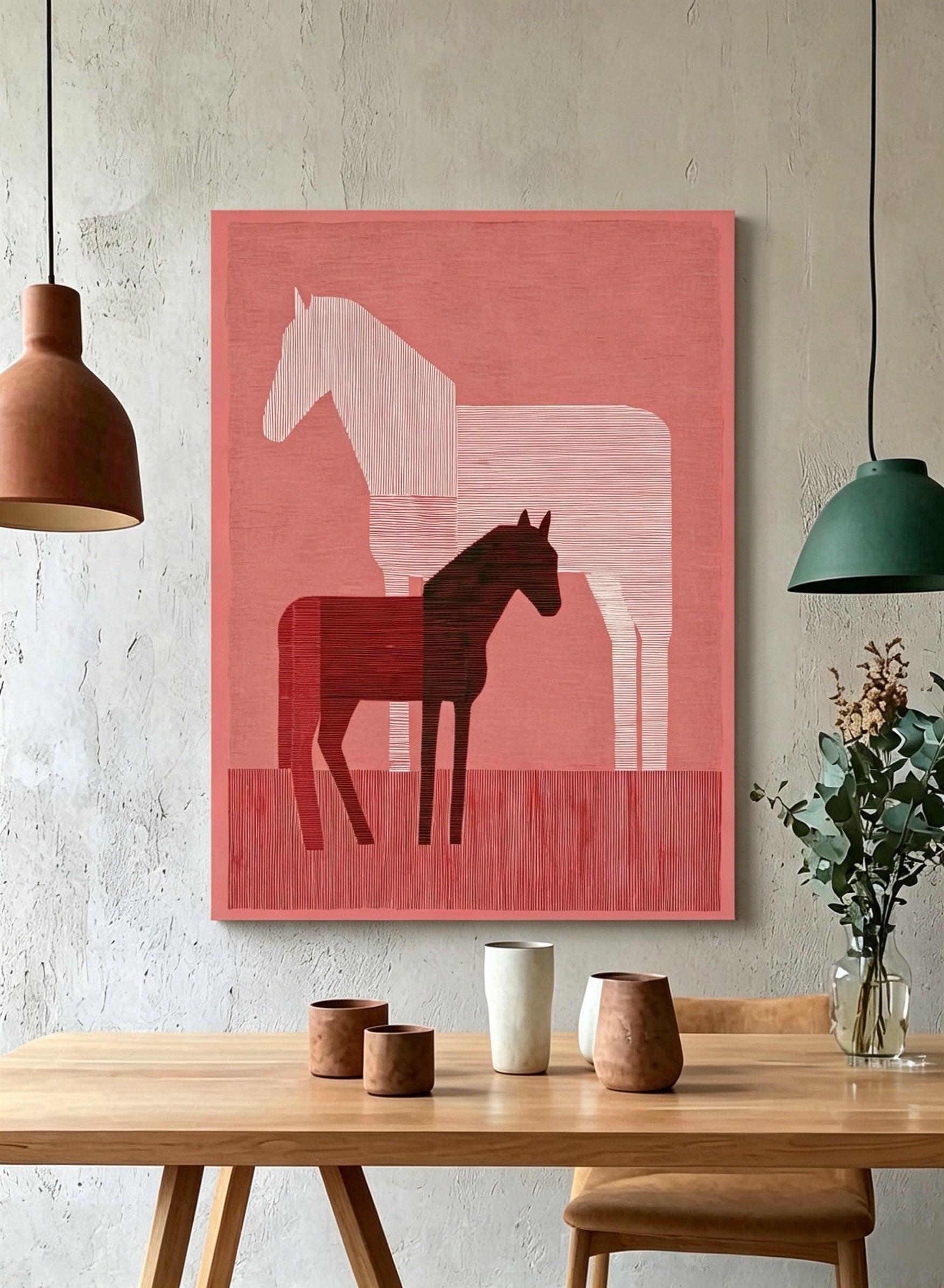 Pferde in Rot und Linie - Wandbild