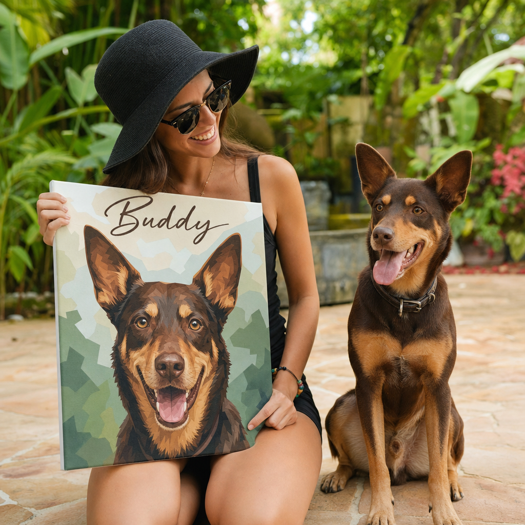 Frau hält individuelles Malen-nach-Zahlen-Bild ihres Hundes Buddy